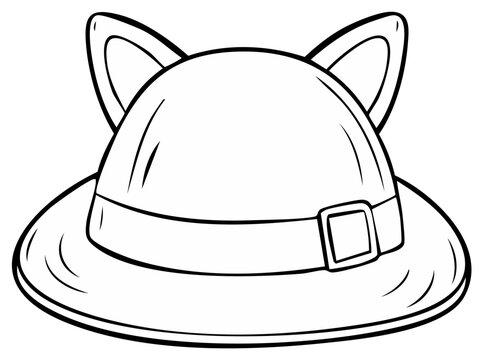 Cartoon hat with cat ears, wide brim, and buckle, black and white outline.