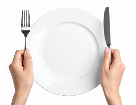 Empty Plate with Elegant Woman&rsquo;s Hands Holding Fork and Knife, Top View, isolated on transparent background