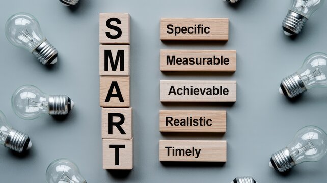 SMART goals acronym spelled with wooden blocks and light bulbs on grey background