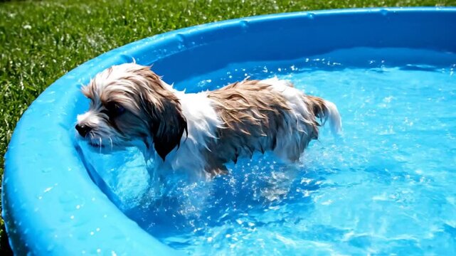 Small happy dog enjoying a refreshing swim in a blue backyard kiddie pool on a sunny summer day