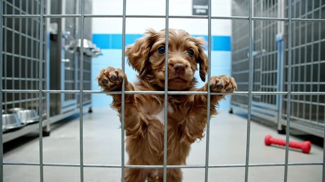 Cute puppy in shelter looks through kennel fence hoping to be adopted with excited expression and bright eyes