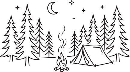 Camping tent campfire pine trees forest line art night scene © Prosun Design