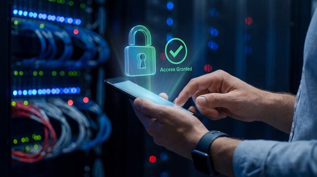 It professional using a smartphone to access secure server data in a data center with holographic security icons