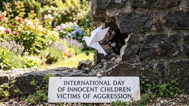 White origami dove emerging from a broken stone wall with a sign reading "INTERNATIONAL DAY OF INNOCENT CHILDREN VICTIMS OF AGGRESSION,"