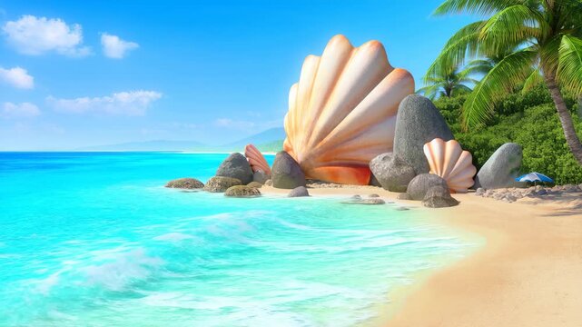 Seashell on Tropical Beach Shore with Smooth Stones, Palm Trees, and Turquoise Ocean Under Blue Sky Featuring Shoreline, Sea Water, Coastal Scenery