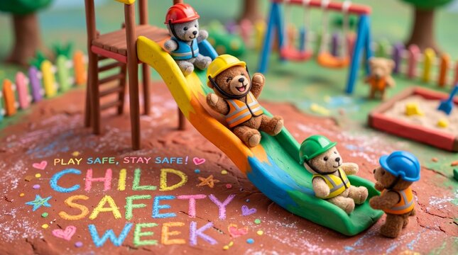 Miniature clay figures of bears in hard hats on playground slide with 'CHILD SAFETY WEEK' message