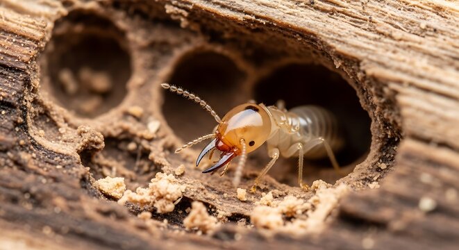 Close up of a termite soldier with large pincers inside wood