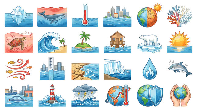 Watercolor vector collection of climate change, sea level rise, coastal cities, melting ice, coral bleaching and ocean warming icons