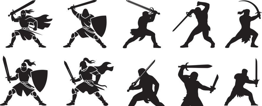 Warrior Black Silhouette Vector Set, Warrior's sword and blade. silhouette vector illustration