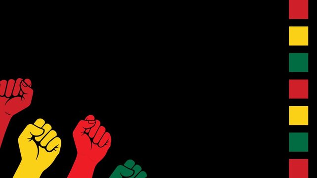 Juneteenth background with animated raised fists and pan african flags colors