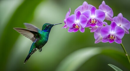 Fototapeta premium Hummingbird Sips Nectar from a Beautiful Orchid Flower in Nature