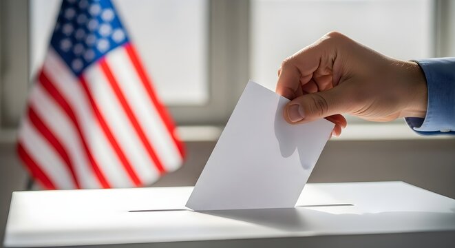 United States Election Ballot Being Cast into Voting Box with American Flag Background