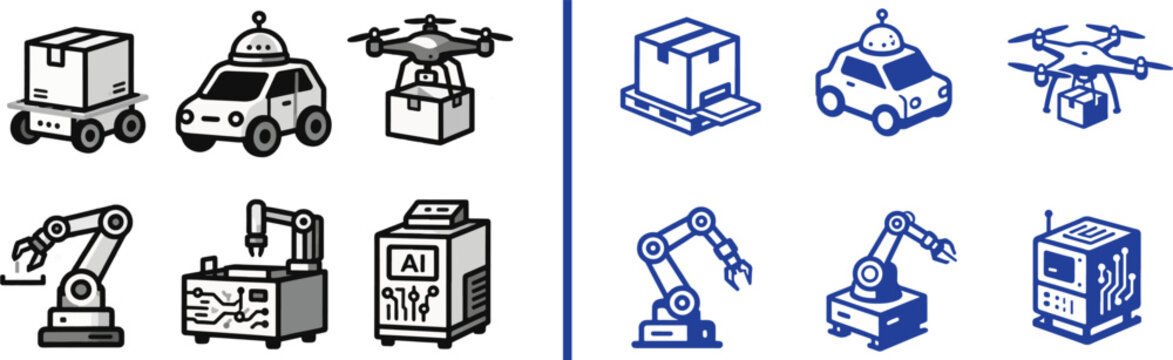 Autonomous delivery robot drone and industrial robotic arm vector icon set for logistics automation and smart manufacturing technology