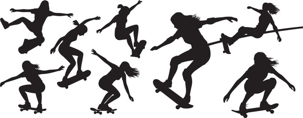 A set of skateboarding women or girls female skateboarders. silhouette vector illustration © MdShakibul