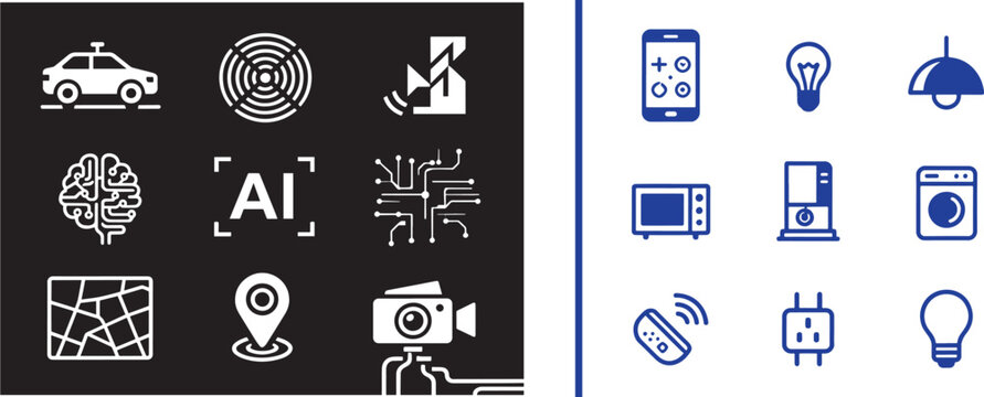 Artificial intelligence and smart home automation vector icon set featuring autonomous car digital brain circuit board and household appliances