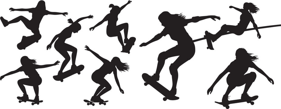 A set of skateboarding women or girls female skateboarders. silhouette vector illustration