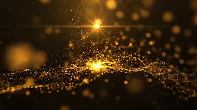 A glowing golden particle wave flows beneath a bright light source in dark space