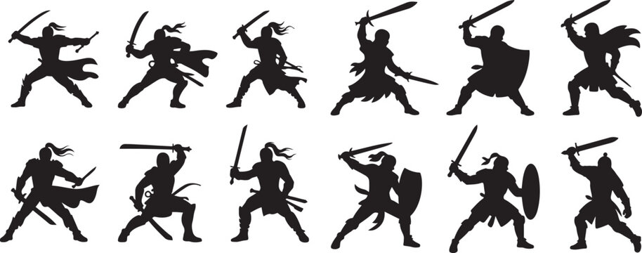 Warrior Black Silhouette Vector Set, Warrior's sword and blade. silhouette vector illustration