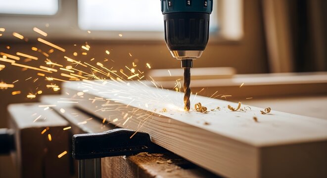 Close-up of a Cordless Drill Boring a Hole Through a Wooden Plank