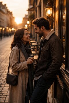 Romantic couple talking outside cafe at golden hour