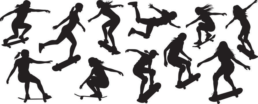 A set of skateboarding women or girls female skateboarders. silhouette vector illustration
