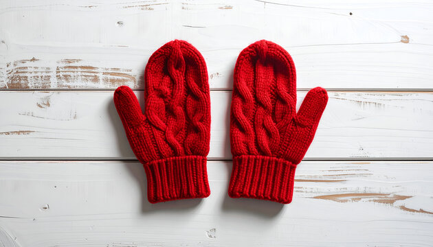 Red knitted winter mittens on wood.