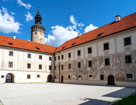 Large courtyard of a historic building with detailed architecture, red roof, and a tall tower under a bright blue sky