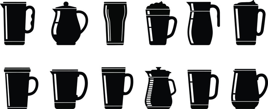 Collection of various black ceramic mugs and pitchers arranged in two rows on white.