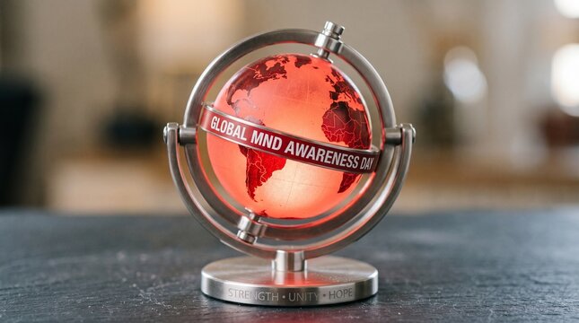 Global MND Awareness Day Illuminated Red Globe with Metallic Stand on Dark Surface