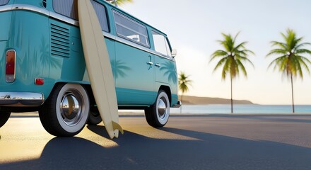 Naklejka premium Classic Teal Surf Van with Surfboard Parked by the Beach on a Sunny Day