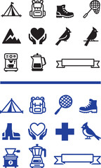 Vector icon set with camping hiking nature and coffee symbols including tent backpack boot bird heart and coffee maker for outdoor and lifestyle design © Muhammad