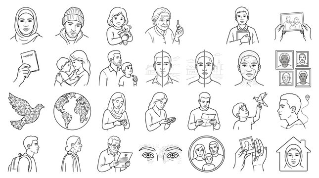 Hand drawn outline vector portrait set of diverse refugees, families, children and elders with documents, homes, globe and human rights symbols
