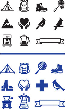 Vector icon set with camping hiking nature and coffee symbols including tent backpack boot bird heart and coffee maker for outdoor and lifestyle design