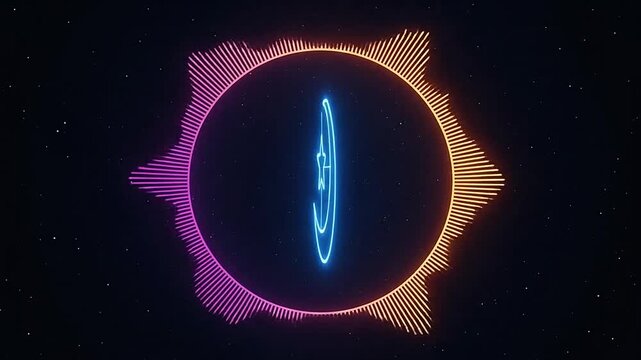 A glowing neon crescent moon and star symbol with a circular audio frequency visualizer