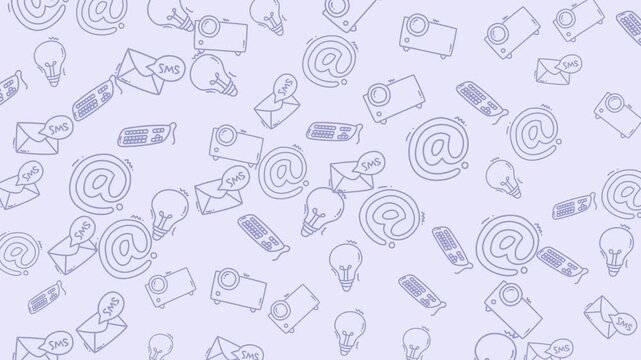 Seamless Communication Technology Doodle Pattern Animation, Hand Drawn Icon Loop Motion Background. Pattern includes email at symbols, SMS speech bubbles, envelope mail icons, lightbulb idea icons