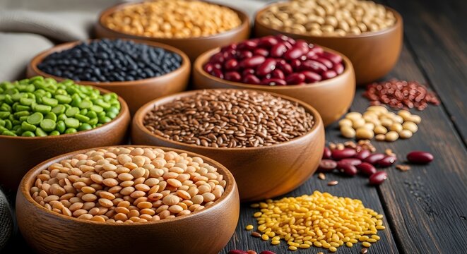 Assortment of Nutritious Legumes and Grains in Rustic Wooden Bowls
