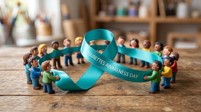 Tourette's Awareness Day concept with miniature figures holding teal ribbon in a circle on wooden table
