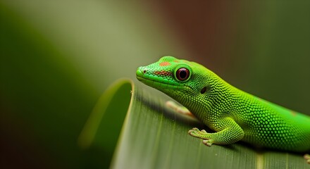 Fototapeta premium Green Gecko on a Leaf with Red Eyes Detailed Close Up