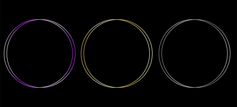 Gold and silver circle thin frame set. Shiny metallic foil circle border collection. Golden glowing boarder bundle in art deco style. Linear round element pack for photo, cadre, card, emblem. Vector