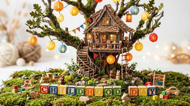 Whimsical Miniature Treehouse Scene with "Childhood Day" Text and Lanterns on Mossy Ground