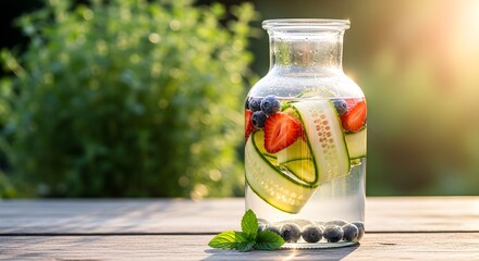 Obraz premium Freshly Infused Water with Berries and Cucumber on a Sunny Day
