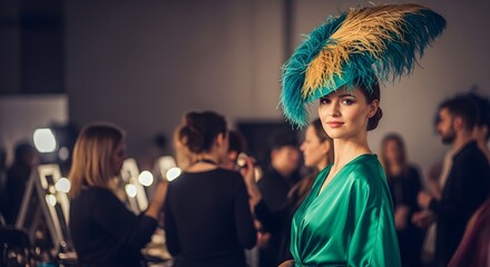 Fototapeta premium Fashionable Woman with Plumed Hat and Green Dress on Catwalk