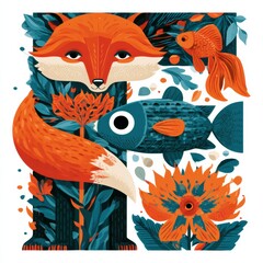 Fototapeta premium A flat cartoon fox, fish, and flower are arranged together to show the letter F in a colorful design on a white background.