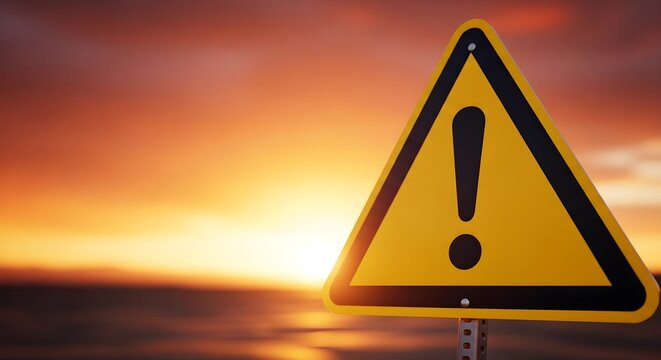 Warning Sign and Exclamation Mark Against a Vibrant Sunset Sky
