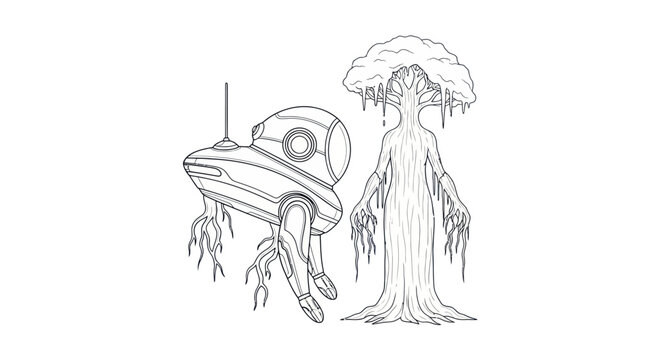 Futuristic Robot and Mysterious Ent-like Tree in Sci-Fi Illustration