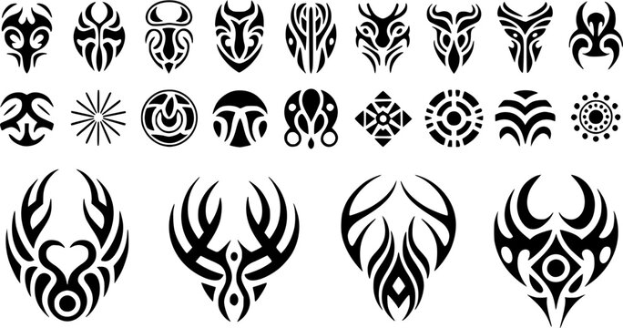 Collection of bold black tribal tattoo designs featuring abstract symbols, animal faces, zodiac icons, and geometric patterns on white background for tattoo artists and graphic designers