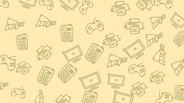 Looping animation featuring a hand-drawn doodle style seamless pattern with retro gadget and electronics icons on a soft cream yellow background. 