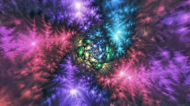 A vibrant, abstract design featuring a swirling pattern of blues, purples, and pinks