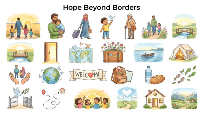Hope Beyond Borders refugee support vector set with families, travel bags, homes, welcome sign, tents, maps and humanitarian care icons