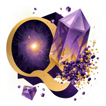 Visual representation of the letter Q using concepts from science, featuring quasar light, quartz crystal, and quantum dots in a simple design.